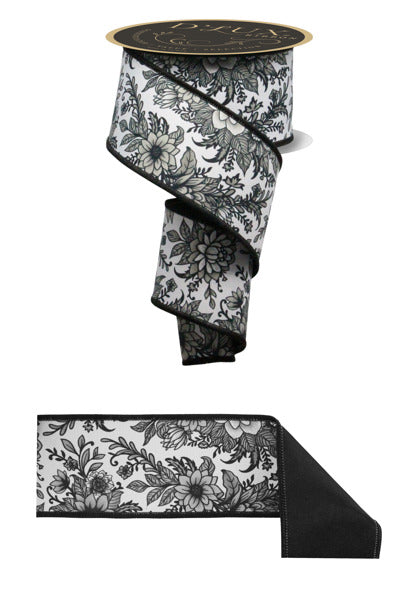 2.5"X10YD CHINOISERIE FLORAL/FUSED WHITE/GREY/BLACK - Burlap and Bling Decor