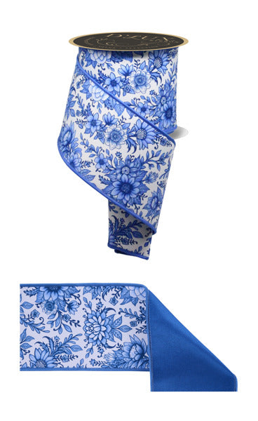 4"X10YD CHINOISERIE FLORAL/FUSED WHITE/MULTI BLUE - Burlap and Bling Decor