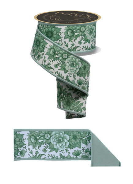 2.5"X10YD CHINOISERIE FLORAL/FUSED WHITE/SAGE GREEN MULTI - Burlap and Bling Decor