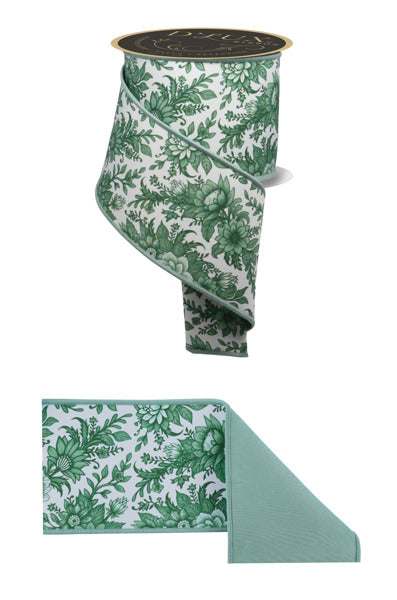4"X10YD CHINOISERIE FLORAL/FUSED WHITE/SAGE GREEN MULTI - Burlap and Bling Decor