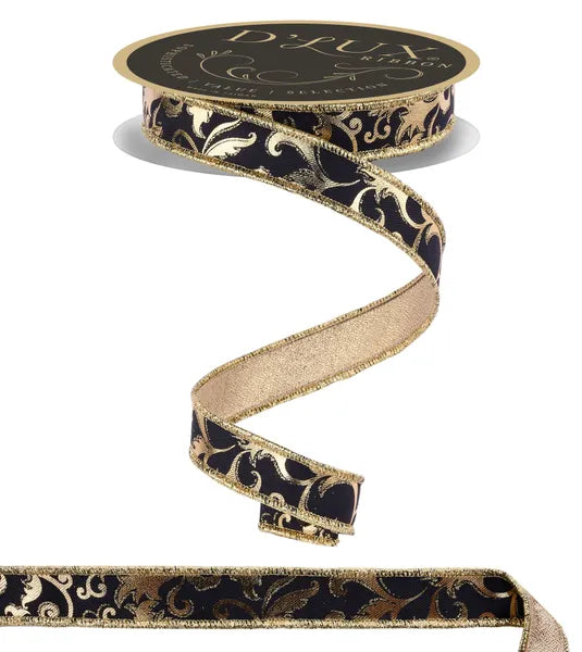 7/8"X10YD METALLIC FOIL SWIRL LEAF/FUSED BLACK/GOLDWIRED RIBBON - Burlap and Bling Decor