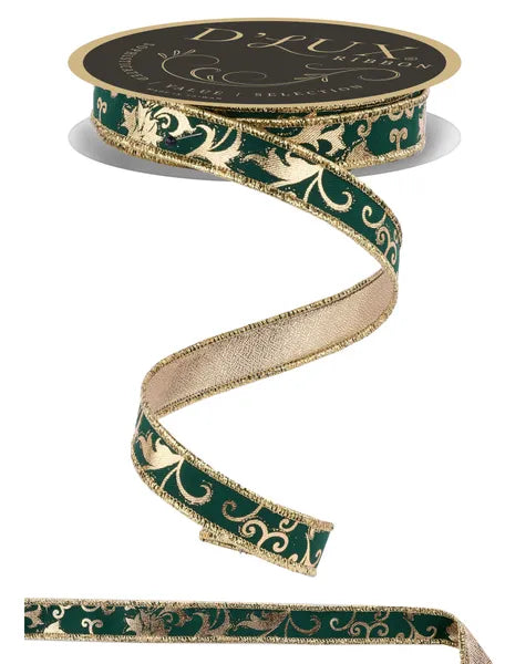 7/8"X10YD METALLIC FOIL SWIRL LEAF/FUSED HUNTER GREEN/GOLD WIRED RIBBON - Burlap and Bling Decor