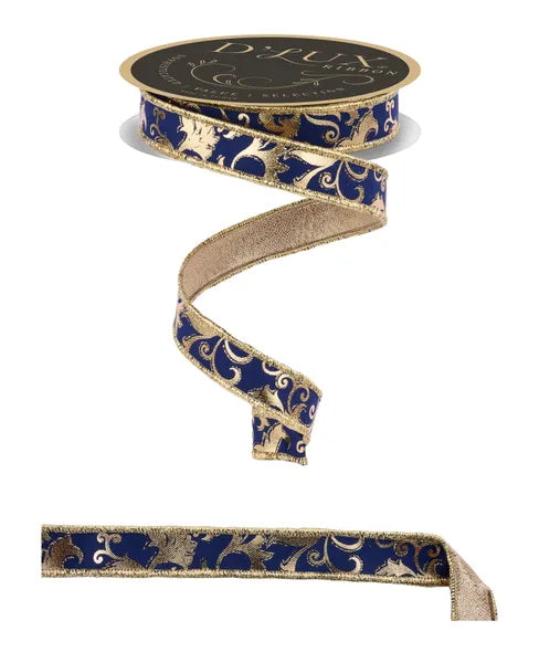 7/8"X10YD METALLIC FOIL SWIRL LEAF/FUSED NAVY BLUE/GOLD WIRED RIBBON - Burlap and Bling Decor