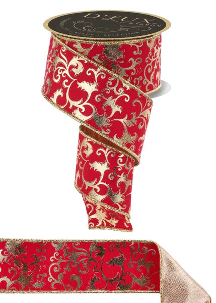 2.5"X10YD MET FOIL SWIRL LEAF/FUSED RED/GOLD WIRED RIBBON - Burlap and Bling Decor