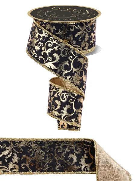 2.5"X10YD FOIL SWIRL LEAF,FUSED BLACK,GOLD WIRED RIBBON