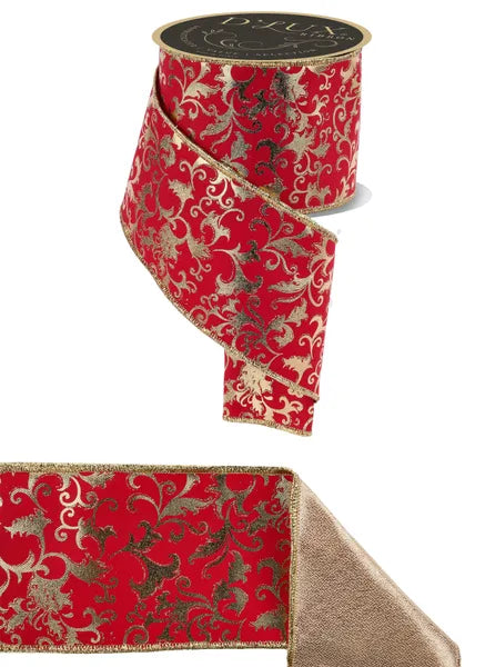 4"X10YD FOIL SWIRL LEAF,FUSED RED,GOLD WIRED RIBBON