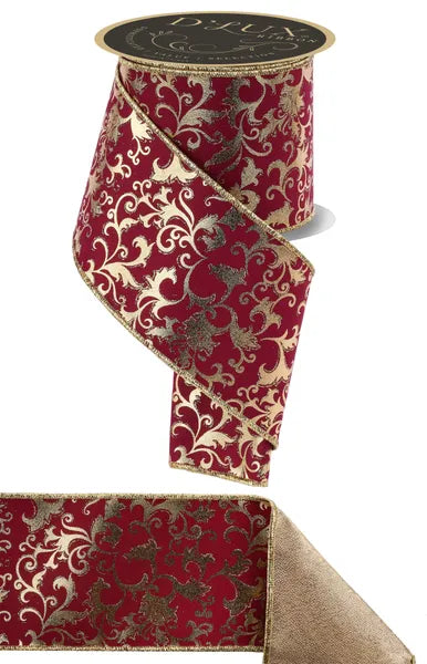 4"X10YD MET FOIL SWIRL LEAF/FUSED WINE/GOLD WIRED RIBBON - Burlap and Bling Decor