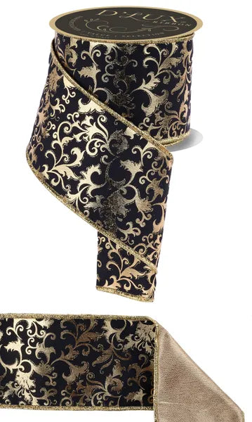 4"X10YD METALLIC FOIL SWIRL LEAF/FUSED BLACK/GOLD WIRED RIBBON - Burlap and Bling Decor