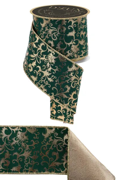 4"X10YD METALLIC FOIL SWIRL LEAF/FUSED HUNTER GREEN/GOLD WIRED RIBBON - Burlap and Bling Decor