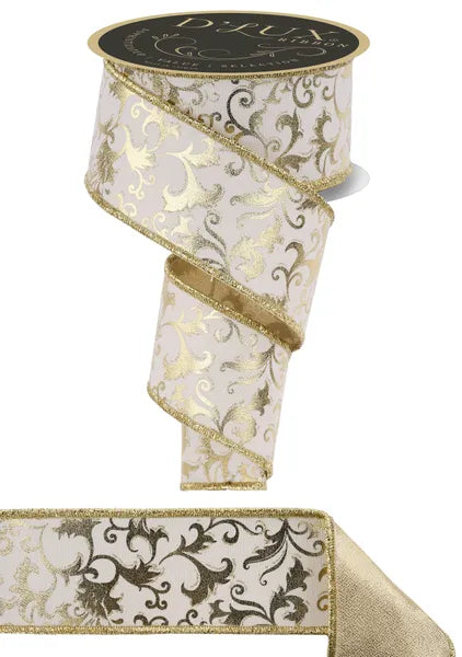 2.5"X10YD METALLIC FOIL SWIRL LEAF/FUSED IVORY/GOLD WIRED RIBBON - Burlap and Bling Decor