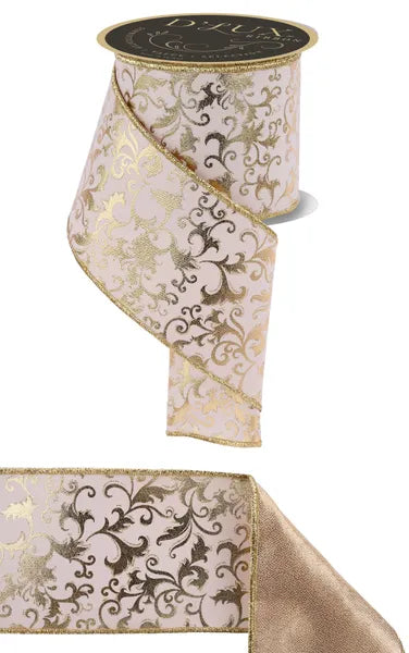 4"X10YD METALLIC FOIL SWIRL LEAF/FUSED IVORY/GOLD WIRED RIBBON - Burlap and Bling Decor