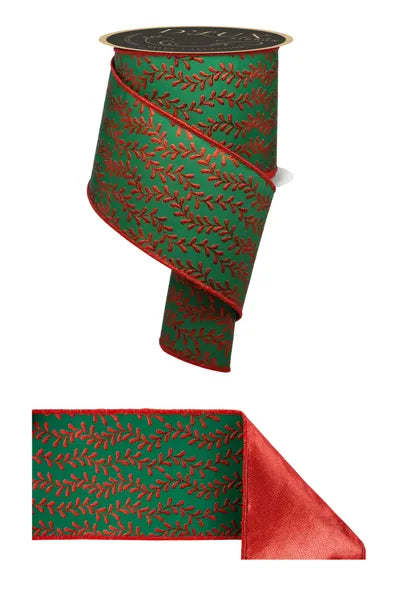 4"X10YD FOIL LEAF GARLAND/FUSED EMERALD/RED WIRED RIBBON - Burlap and Bling Decor