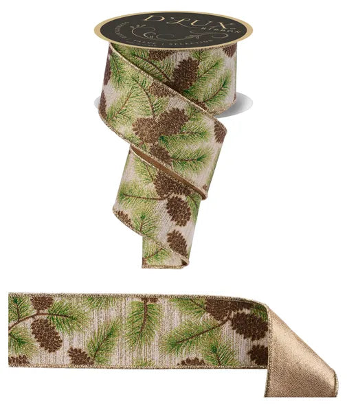 2.5"X10YD PINECONE BRANCHES/FUSED IVORY/GREEN/BROWN/GOLD WIRED RIBBON - Burlap and Bling Decor