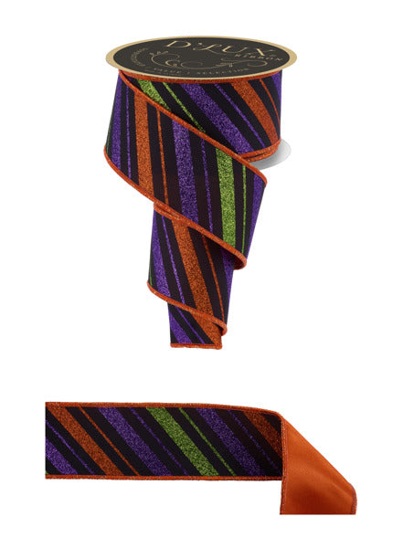 2.5"X10YD MULTI DIAGONAL STRIPE/FUSED BLACK/PURPLE/ORANGE/LIME - Burlap and Bling Decor