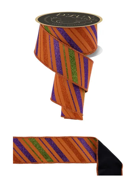 2.5"X10YD MULTI DIAGONAL STRIPE/FUSED ORANGE/PURPLE/LIME - Burlap and Bling Decor