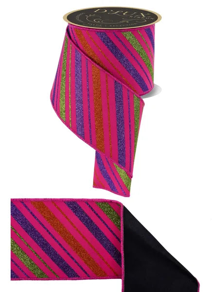 4"X10YD MULTI DIAGONAL STRIPE/FUSED HOT PINK/PURPLE/ORNG/LIME - Burlap and Bling Decor