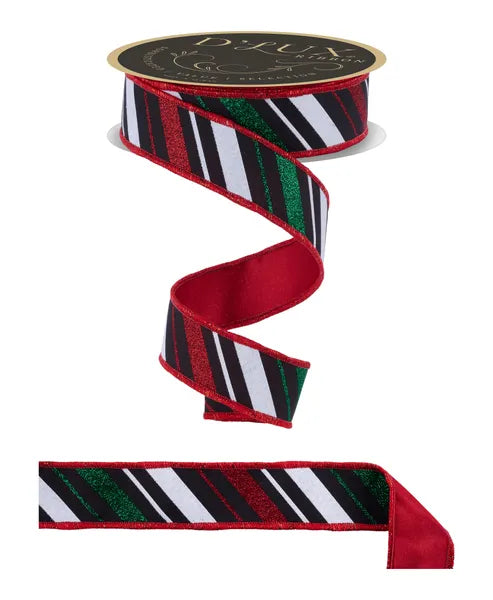 1.5"X10YD MULTI DIAGONAL STRIPE/FUSED BLACK/WHITE/RED/EMERALD WIRED RIBBON - Burlap and Bling Decor