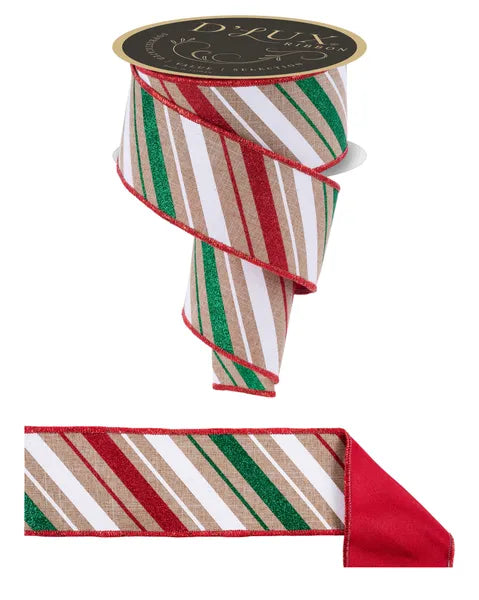 2.5"X10YD MULTI DIAGONAL STRIPE/FUSED LT BEIGE/WHITE/RED/EMRLD WIRED RIBBON - Burlap and Bling Decor