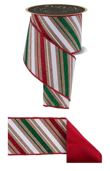 4"X10YD MULTI DIAGONAL STRIPE/FUSED LT BEIGE/WHITE/RED/EMRLD WIRED RIBBON - Burlap and Bling Decor