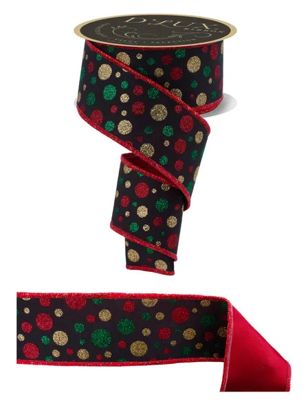 2.5"X10YD MULTI POLKA DOT/FUSED BLACK/RED/GOLD/EMRLD WIRED RIBBON - Burlap and Bling Decor