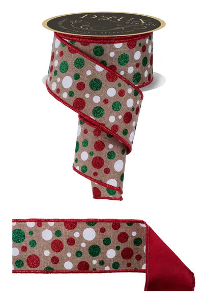 2.5"X10YD MULTI POLKA DOT/FUSED LT BEIGE/WHITE/RED/EMRLD WIRED RIBBON - Burlap and Bling Decor