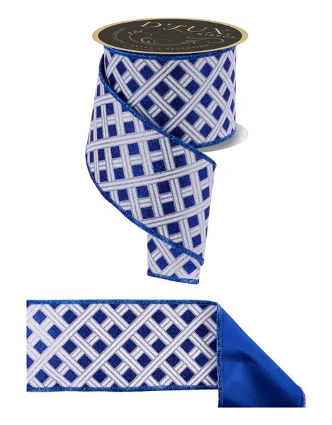 4"X10YD WOVEN STRIPES/FUSED SILVER/ROYAL BLUE/WHITE WIRED RIBBON