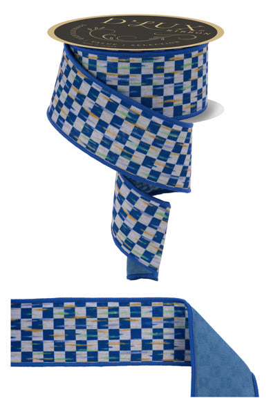 2.5"X10YD MINI ANTQ CHECKERBOARD/FUSED BEIGE/BLUE - Burlap and Bling Decor