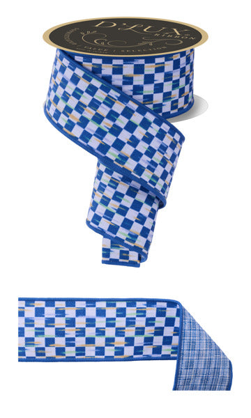 2.5"X10YD MINI ANTQ CHECKERBOARD/FUSED WHITE/BLUE - Burlap and Bling Decor