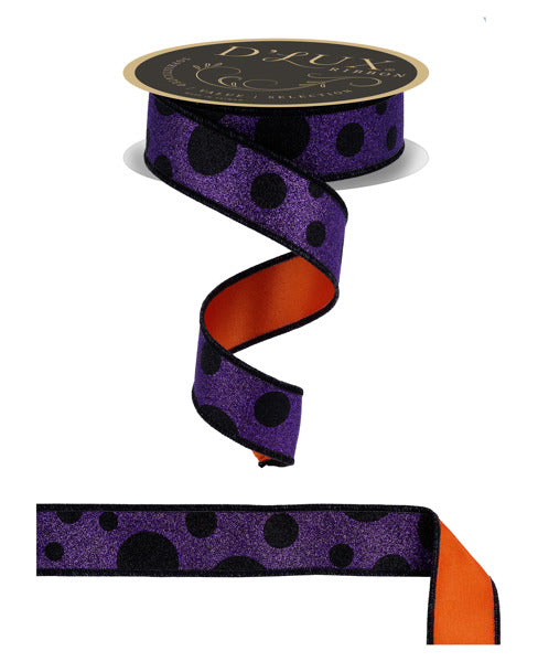 1.5"X10YD GIANT MULTI POLKA DOTS/FUSED BLACK/PURPLE/ORANGE - Burlap and Bling Decor