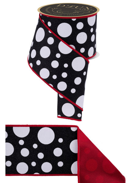 4"X10YD GIANT MULTI POLKA DOTS/FUSED WHITE/BLACK/RED - Burlap and Bling Decor