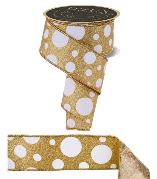 2.5"X10YD GIANT MULTI POLKA DOTS FUSED WHITE/GOLD WIRED RIBBON - Burlap and Bling Decor