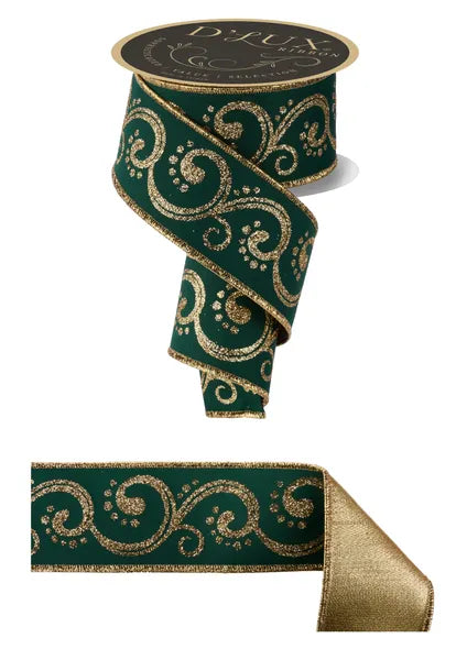 2.5"X10YD SWIRLS/FUSED HUNTER GREEN/GOLD WIRED RIBBON - Burlap and Bling Decor