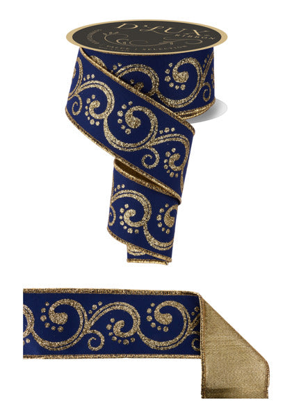 2.5"X10YD SWIRLS/FUSED NAVY BLUE/GOLD - Burlap and Bling Decor