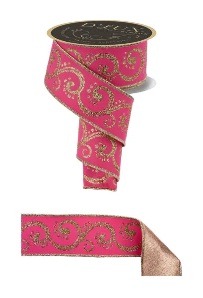 2.5"X10YDS SWIRLS/FUSED HOT PINK/GOLD WIRED RIBBON - Burlap and Bling Decor