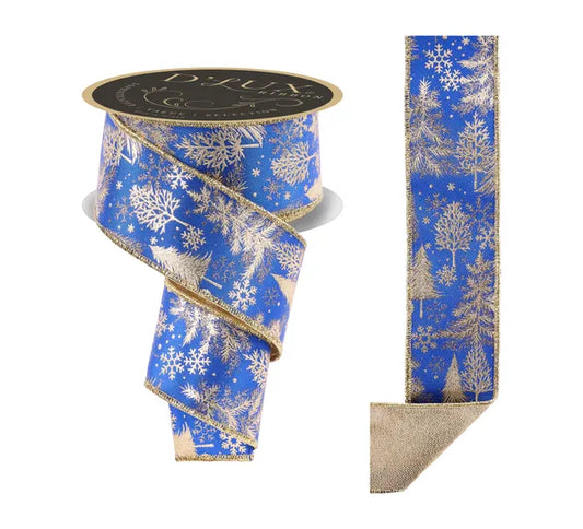 2.5"X10YD FOIL TREE/FUSED ROYAL BLUE/GOLD WIRED RIBBON - Burlap and Bling Decor