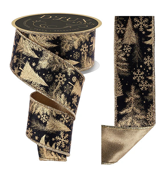 2.5"X10YD FOIL TREE/FUSED BLACK/GOLD WIRED RIBBON