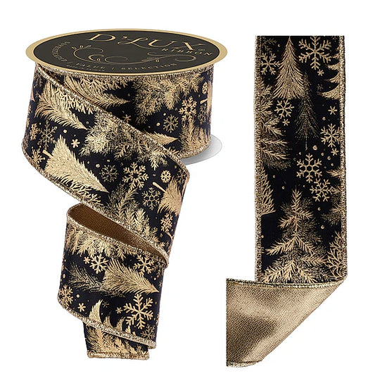 2.5"X10YD FOIL TREE/FUSED BLACK/GOLD WIRED RIBBON