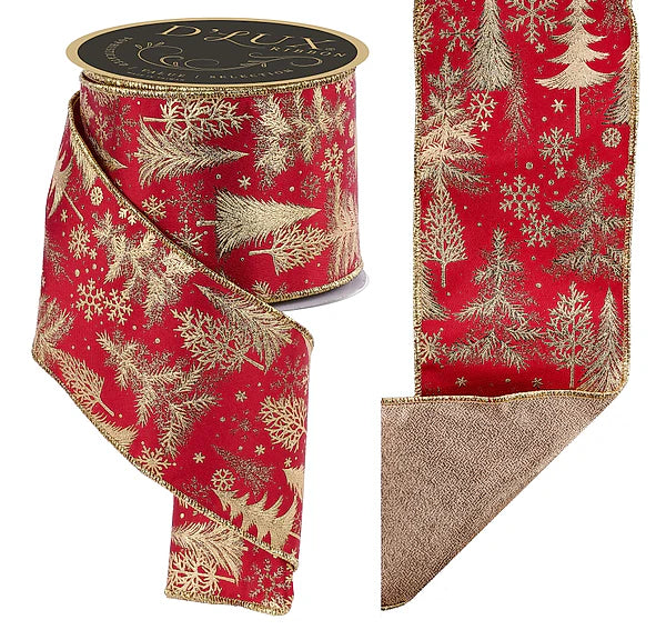 4"X10YD FOIL TREE/FUSED RED/GOLD WIRED RIBBON