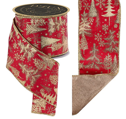 4"X10YD FOIL TREE/FUSED RED/GOLD WIRED RIBBON