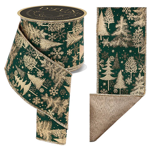 4"X10YD FOIL TREE/FUSED HUNTER GREEN/GOLD WIRED RIBBON