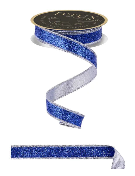 7/8"X10YD LASER GLITTER/FUSED LASER ROYAL BLUE/SILVER WIRED RIBBON - Burlap and Bling Decor
