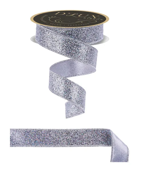 1.5"X10YDS LASER GLITTER/FUSED LASER SILVER/SILVER WIRED RIBBON - Burlap and Bling Decor