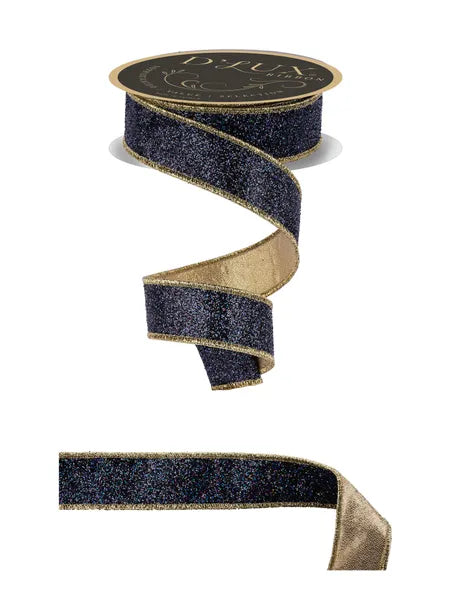 1.5"X10YD LASER GLITTER/FUSED LASER BLACK/GOLD WIRED RIBBON - Burlap and Bling Decor
