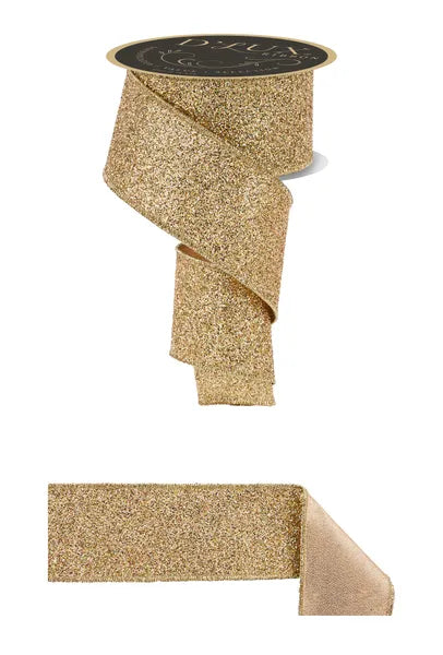 2.5"X10YD LASER GLITTER/FUSED LASER GOLD WIRED RIBBON - Burlap and Bling Decor