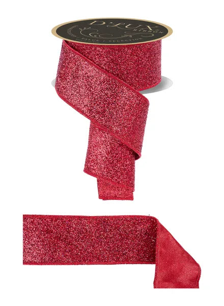 2.5"X10YD LASER GLITTER/FUSED LASER RED WIRED RIBBON - Burlap and Bling Decor