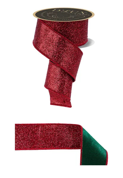 2.5"X10YD LASER GLITTER/FUSED LASER RED/EMERALD GREEN WIRED RIBBON - Burlap and Bling Decor