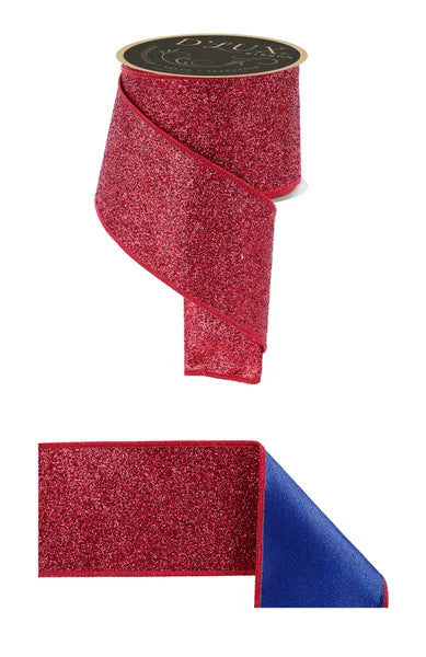 4"X10YD LASER GLITTER/FUSED LASER RED/ROYAL BLUE WIRED RIBBON - Burlap and Bling Decor