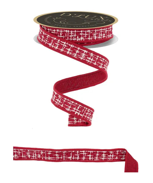 7/8"X10YD KNIT LOOK TEXTURE/FUSED BURGUNDY/IVORY WIRED RIBBON - Burlap and Bling Decor