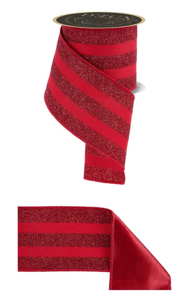 4"X10YD VERT GLITTER STRIPE/FUSED RED WIRED RIBBON - Burlap and Bling Decor