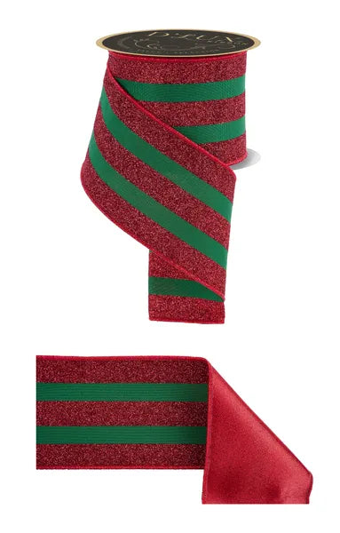4"X10YD VERT GLITTER STRIPE/FUSED EMERALD/RED WIRED RIBBON - Burlap and Bling Decor